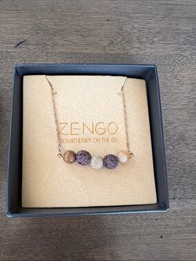 Zengo Gold Chain Necklace with Brown and Cream Aromatherapy Lava Beads